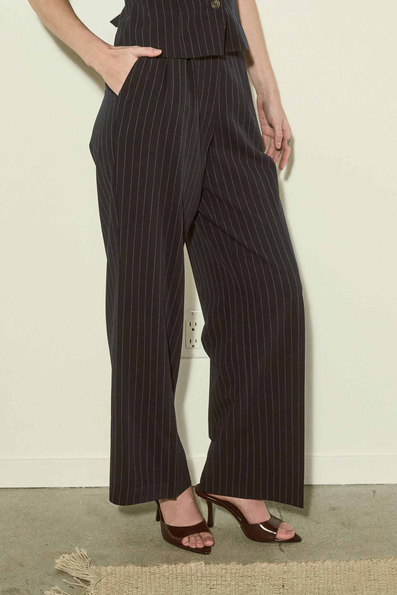 Pinstripe Pleated Wide Leg Dress Pants