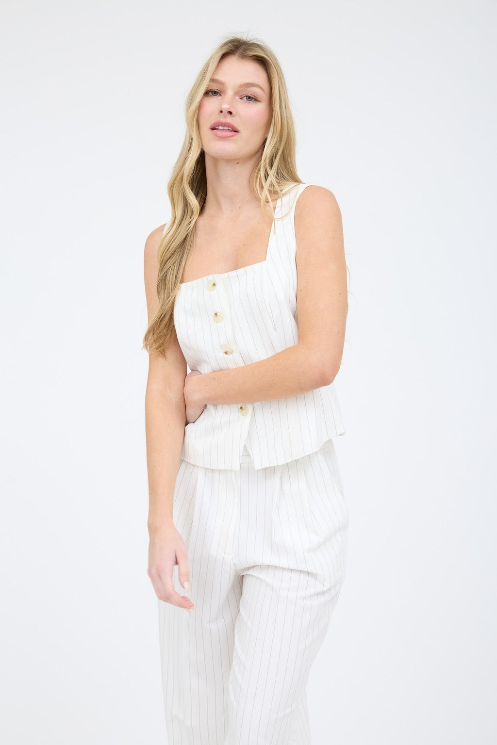 Pinstripe Square Neck Button Down Sleeveless Top