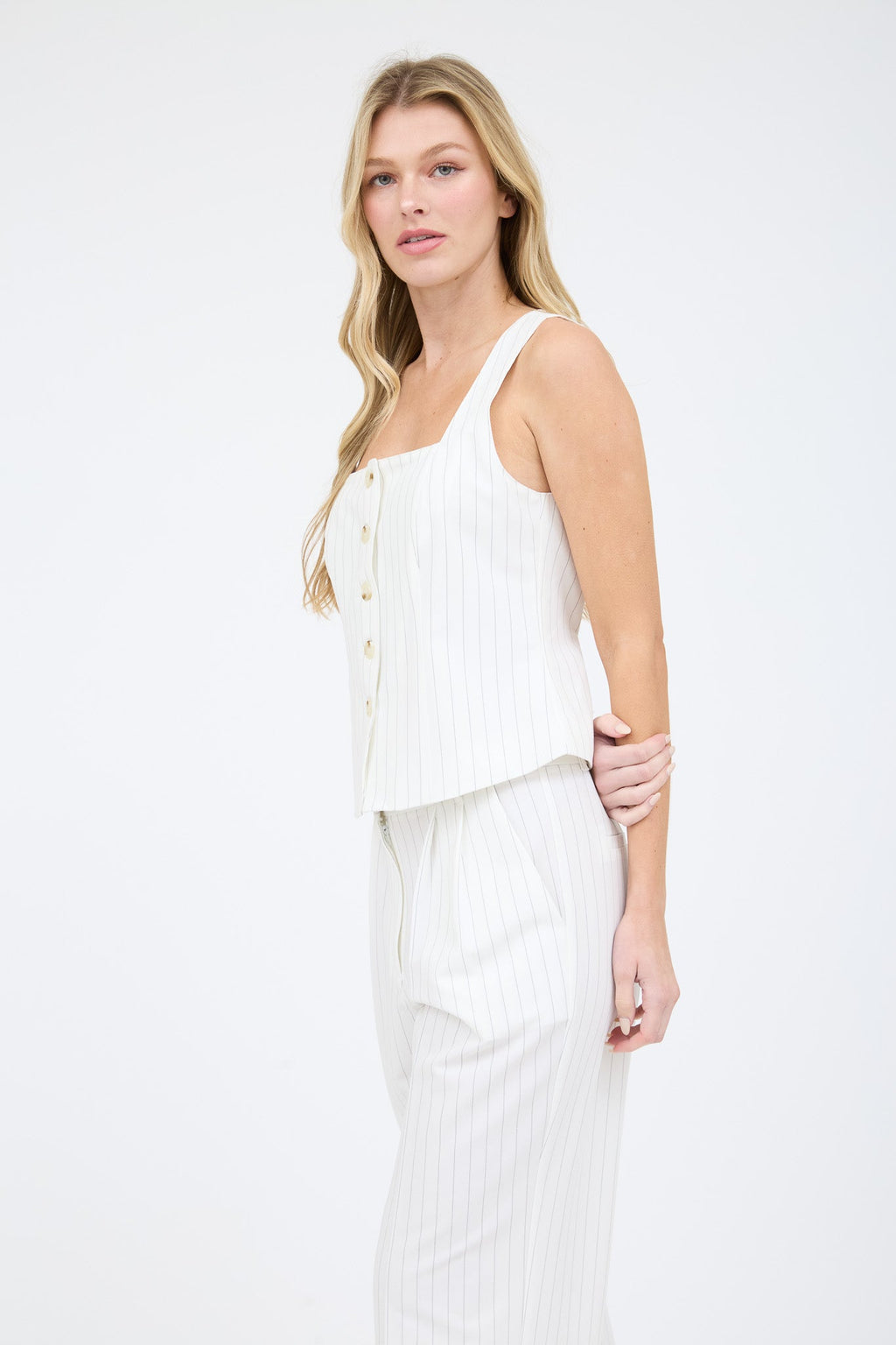 Pinstripe Square Neck Button Down Sleeveless Top