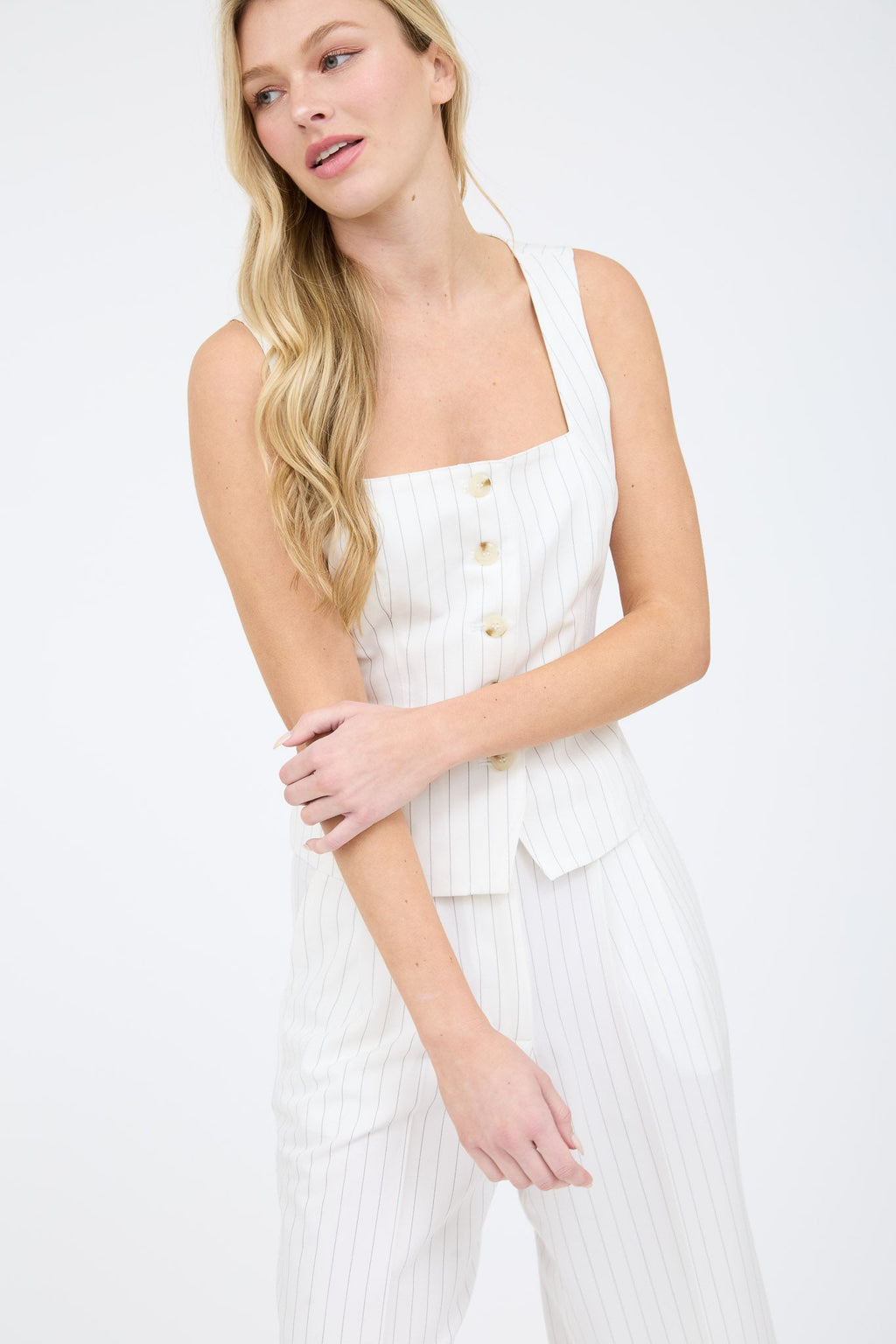 Pinstripe Square Neck Button Down Sleeveless Top