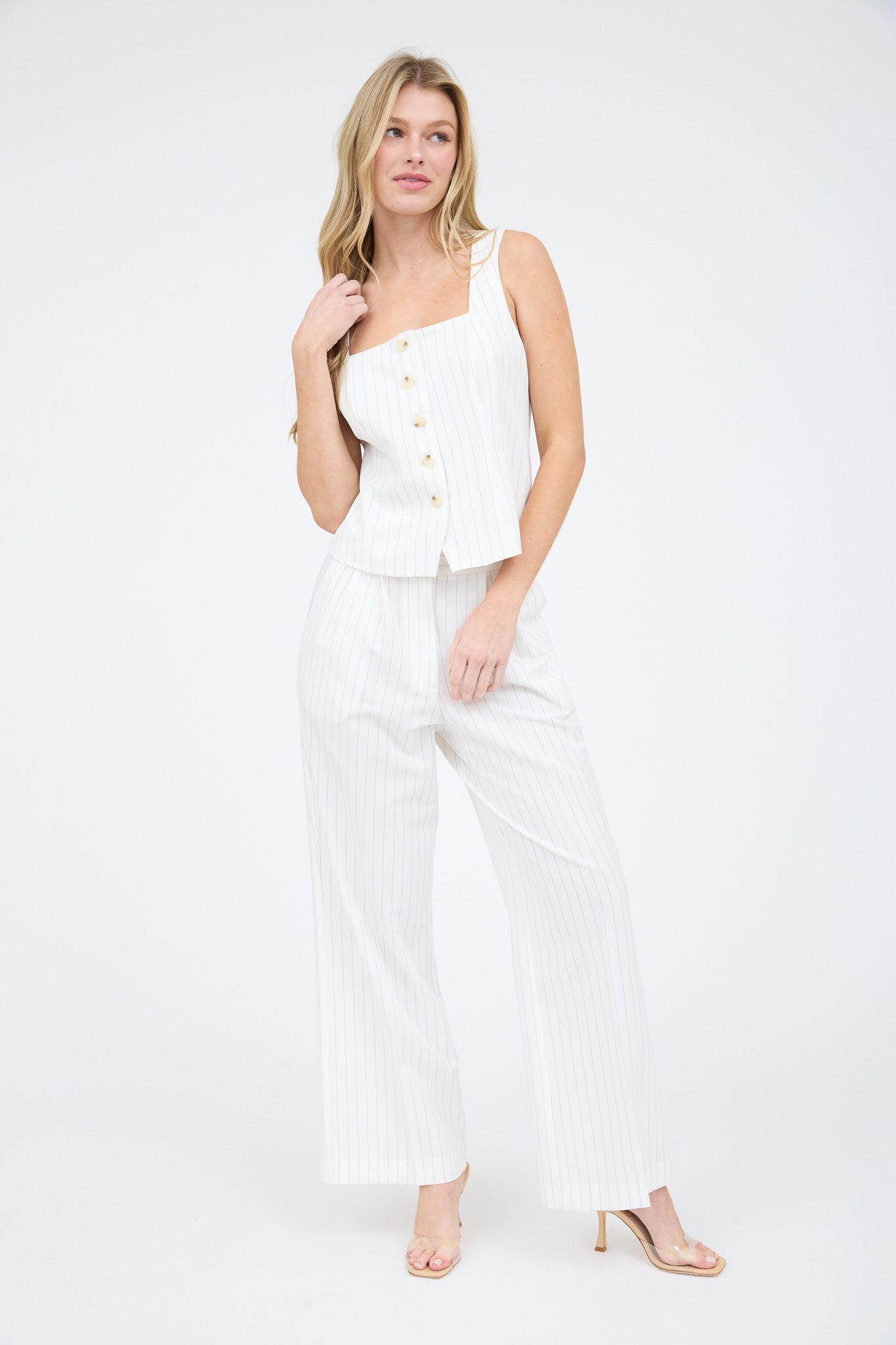 Pinstripe Square Neck Button Down Sleeveless Top