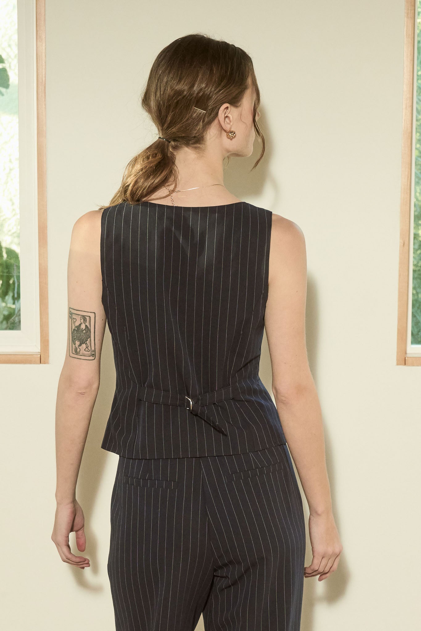 Pinstripe Square Neck Button Down Sleeveless Top