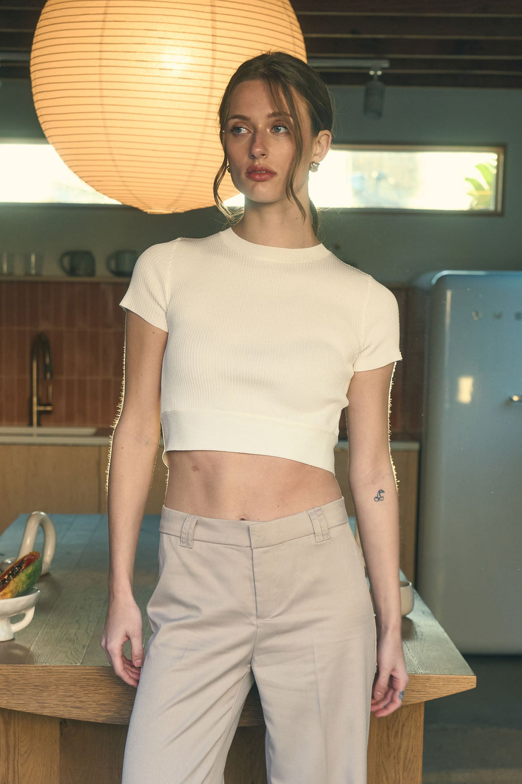 Back Tie Short Sleeve Sweater Knit Crop Top