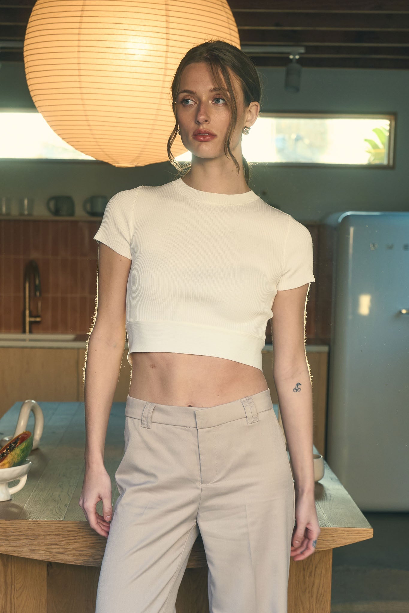 Back Tie Short Sleeve Sweater Knit Crop Top