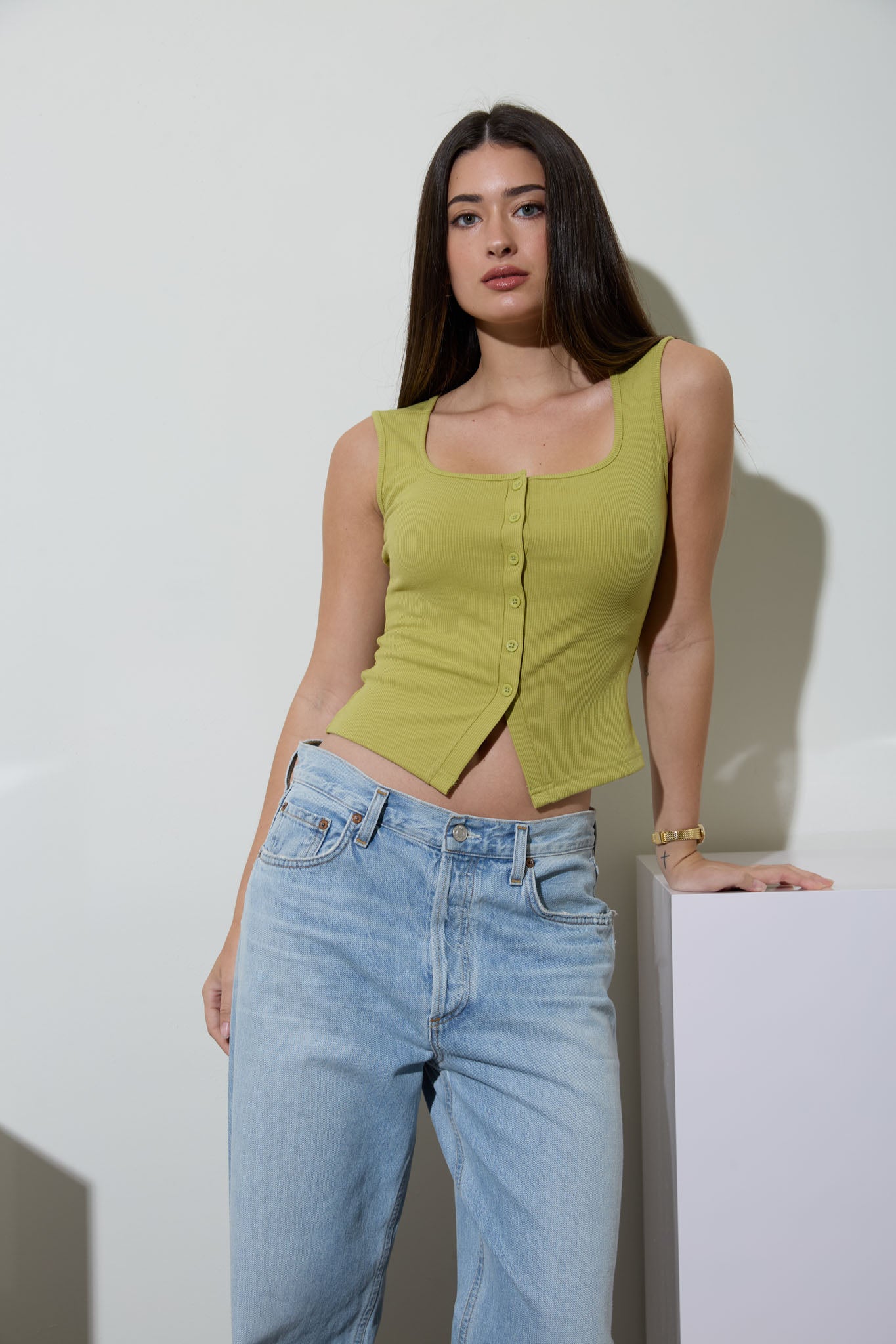 Scoop Neck Button Down Split Hem Knit Tank Top