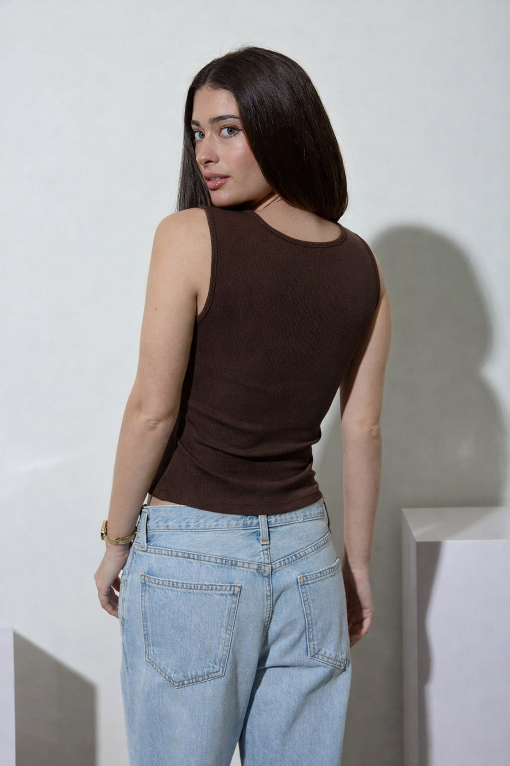 Scoop Neck Button Down Split Hem Knit Tank Top