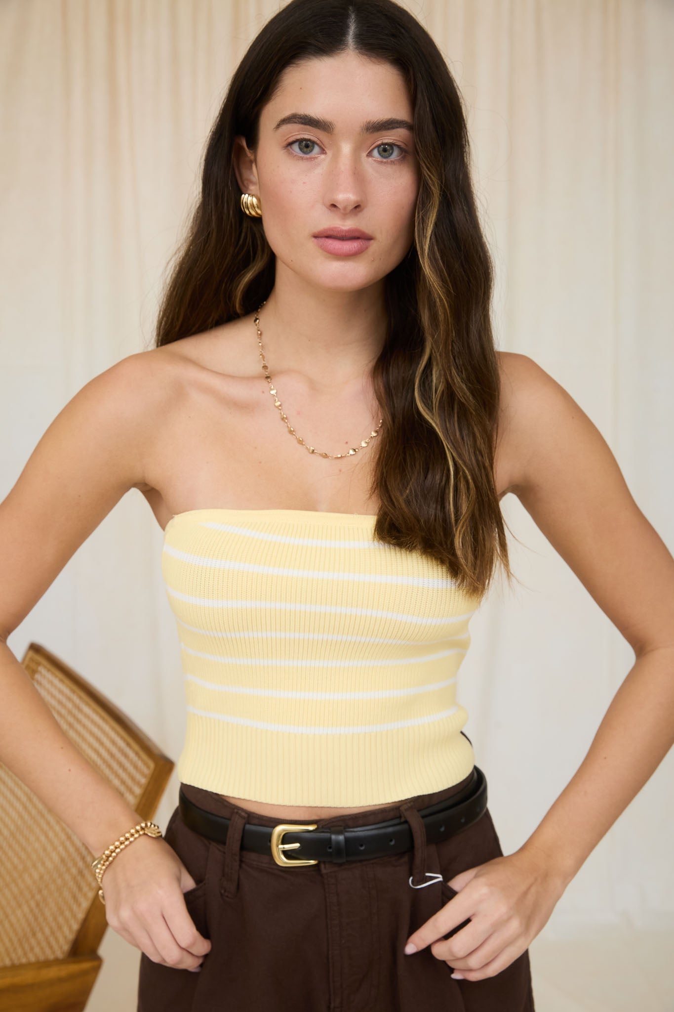 Stripe Strapless Cropped Sweater Knit Top