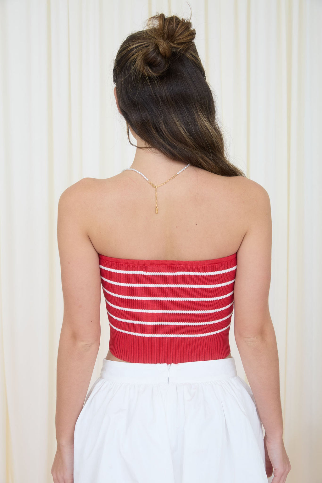 Stripe Strapless Cropped Sweater Knit Top